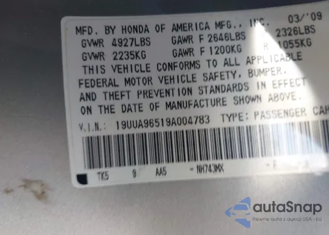 2009 Acura Tl 3.7 from USA, damaged, VIN 19UUA96519A004783